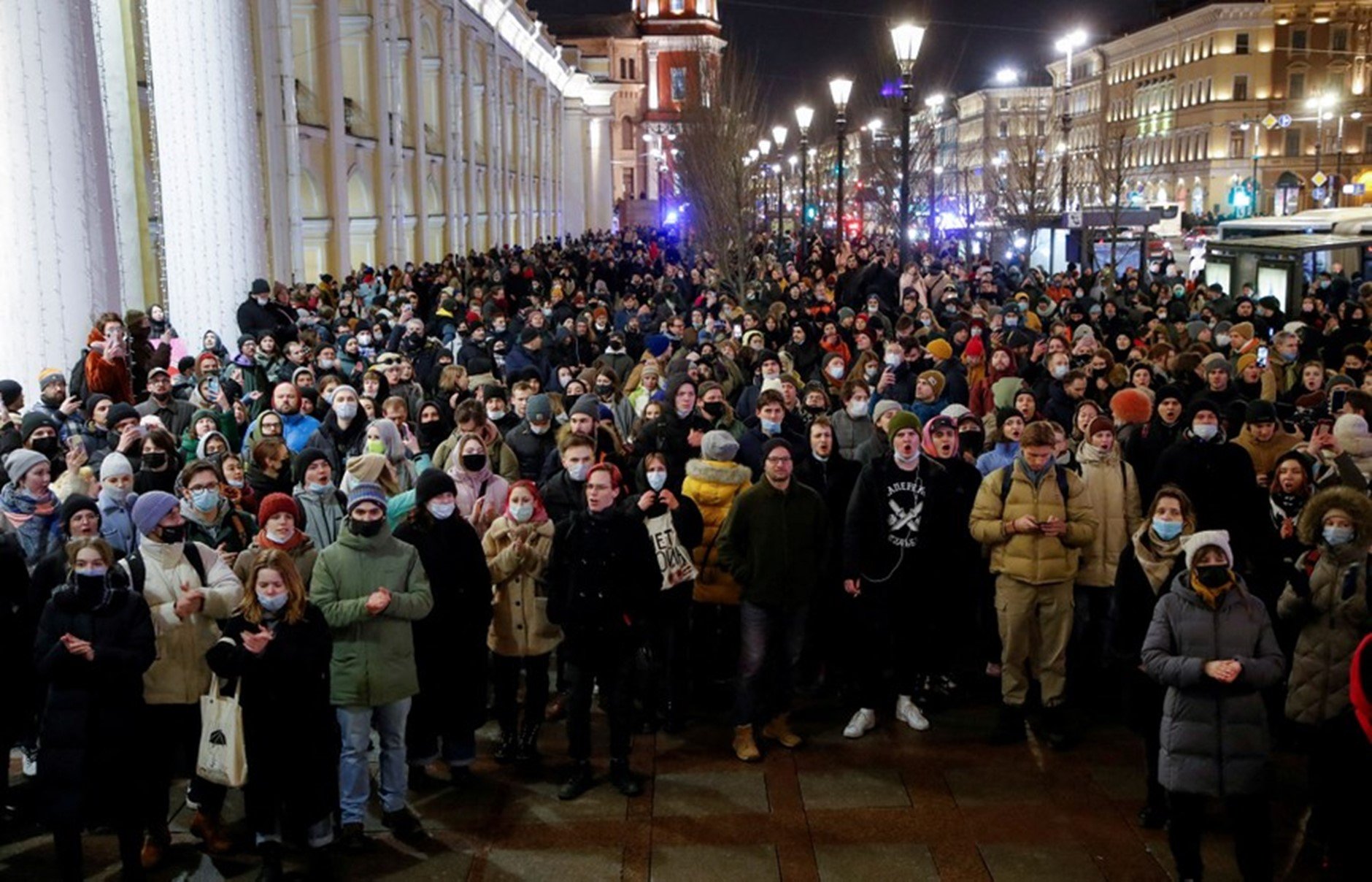 A crowd of Russian protesters assembling in the streets of St. Petersburg